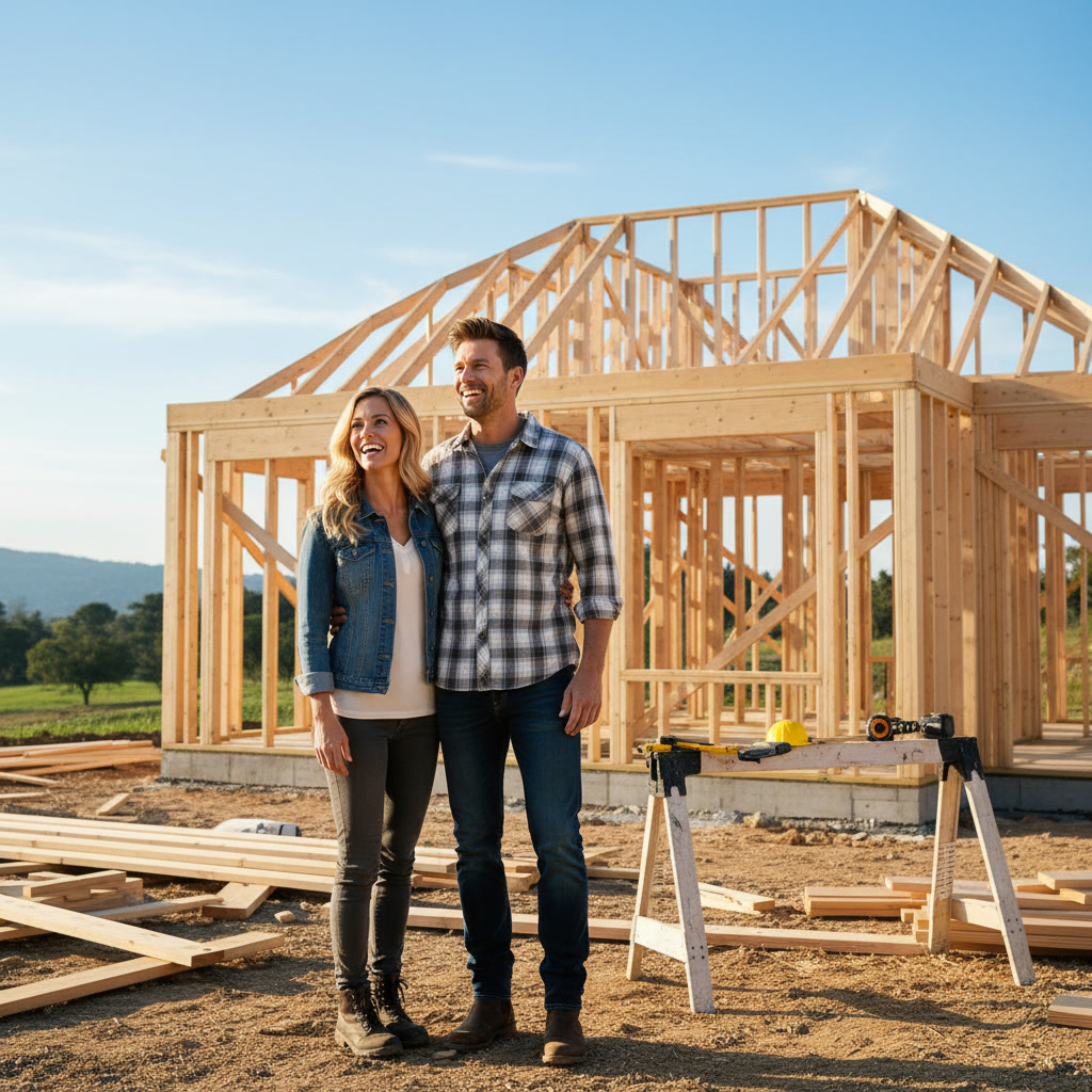 Construction crew framing new home build in Mesa neighborhood