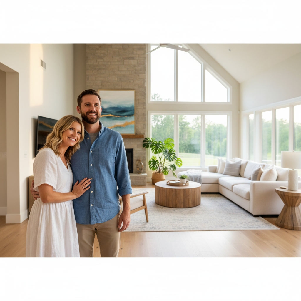 Family on front porch of new Scottsdale home build with desert landscape