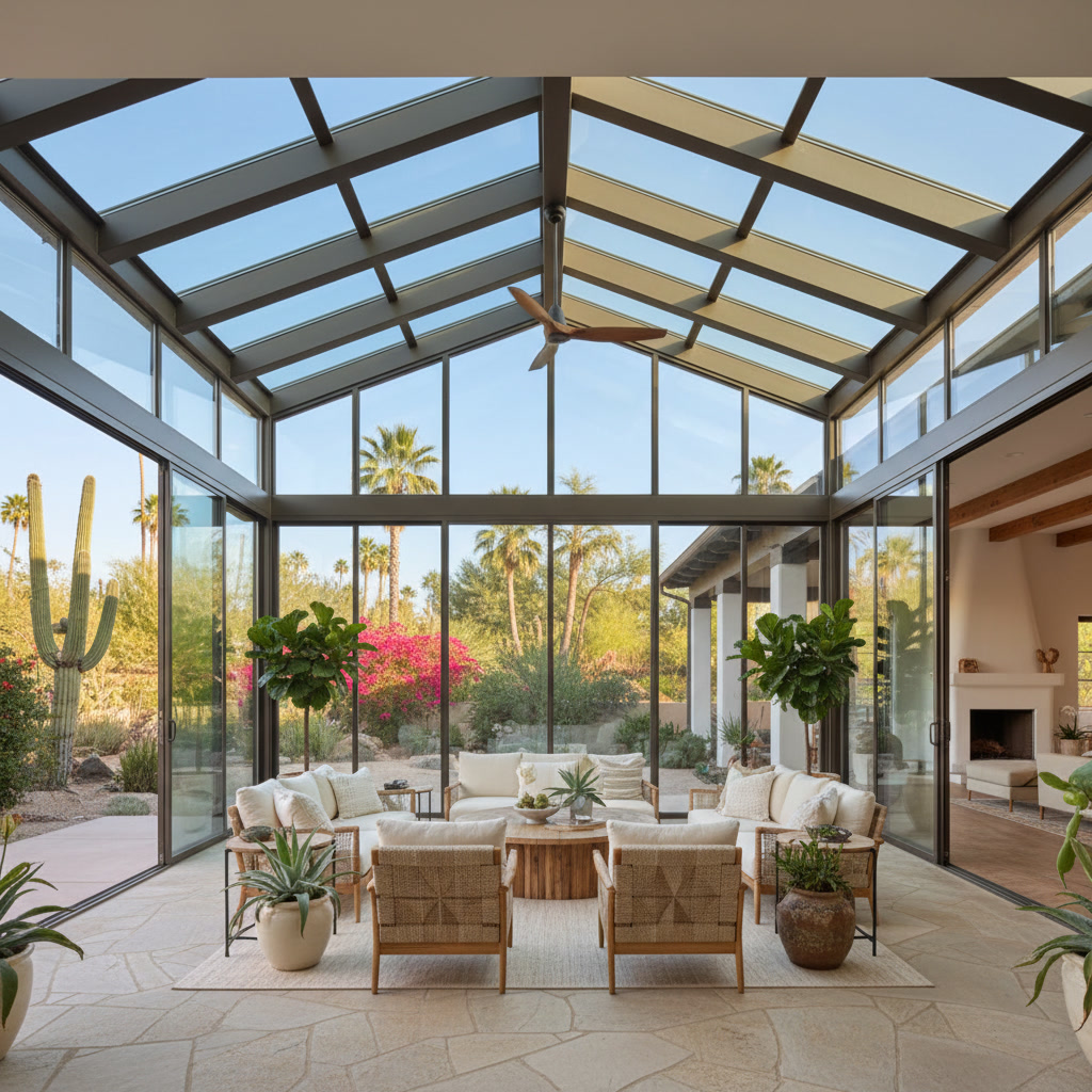 Four-season sunroom addition with climate control and large windows
