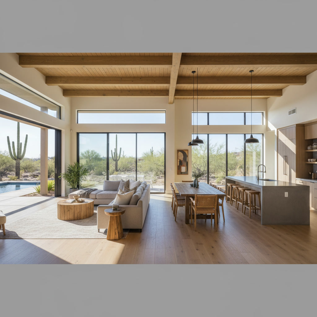 Open concept kitchen and living room remodel with natural light