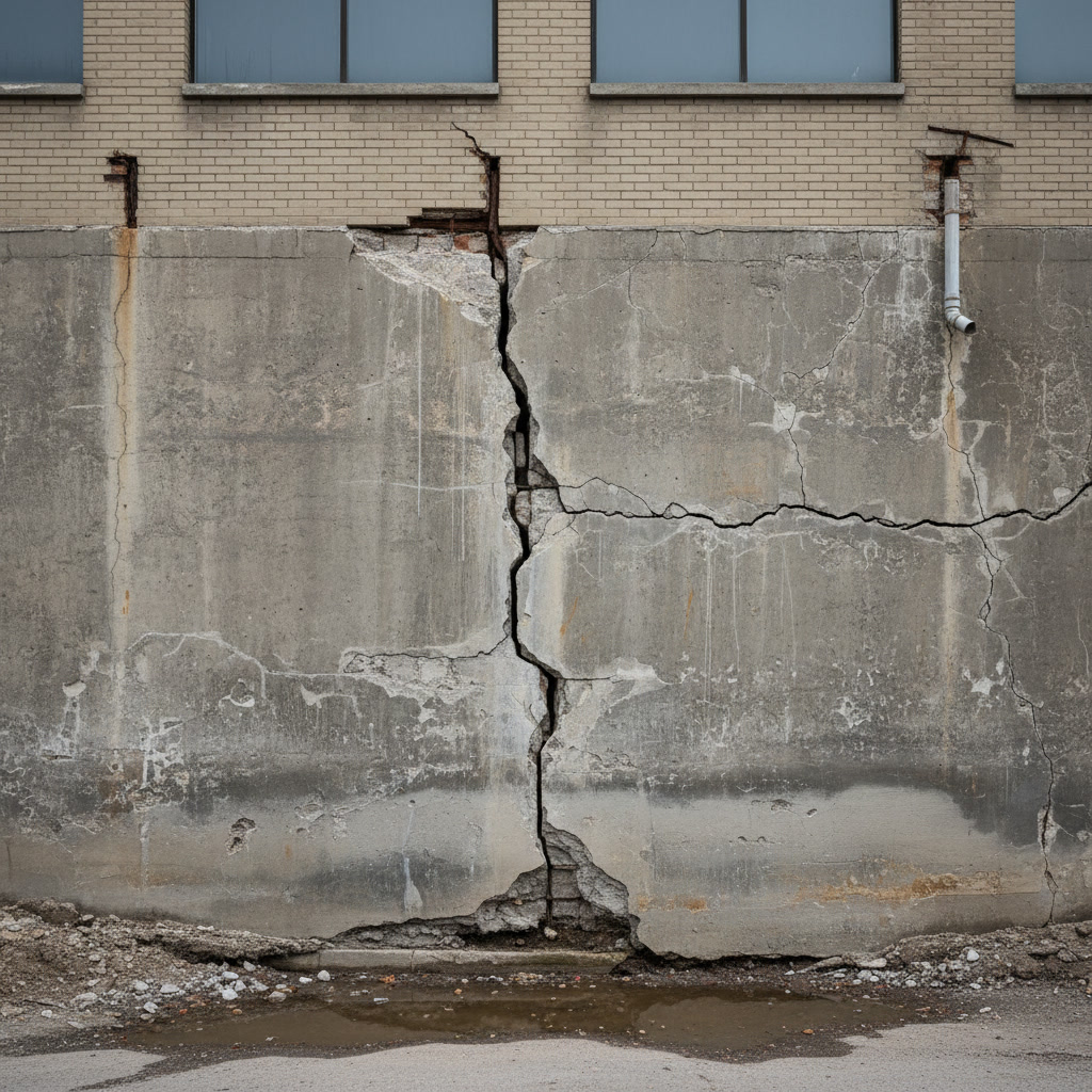 Commercial building foundation cracks requiring structural assessment