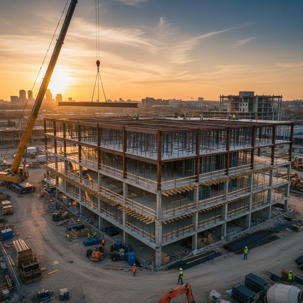 Steel frame construction of commercial building with workers installing metal decking