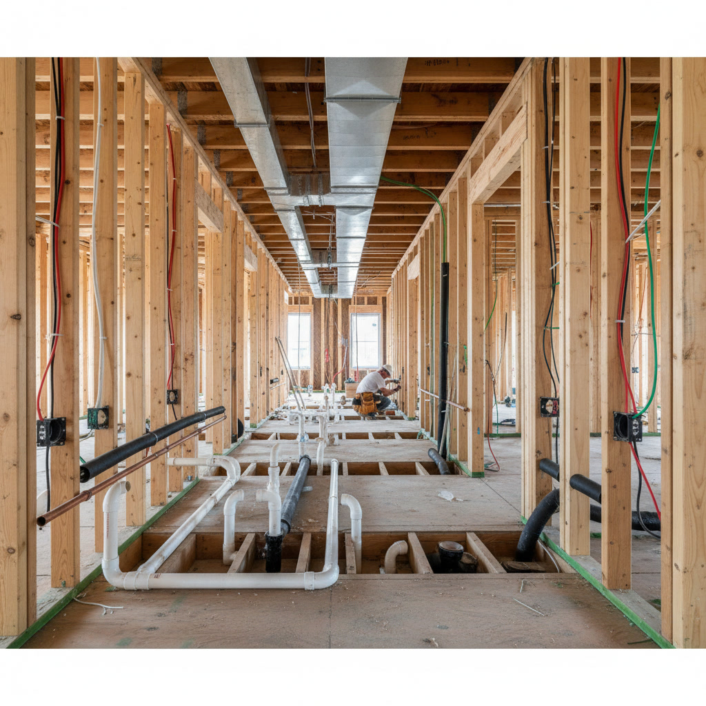 Interior framing and electrical rough-in during home construction