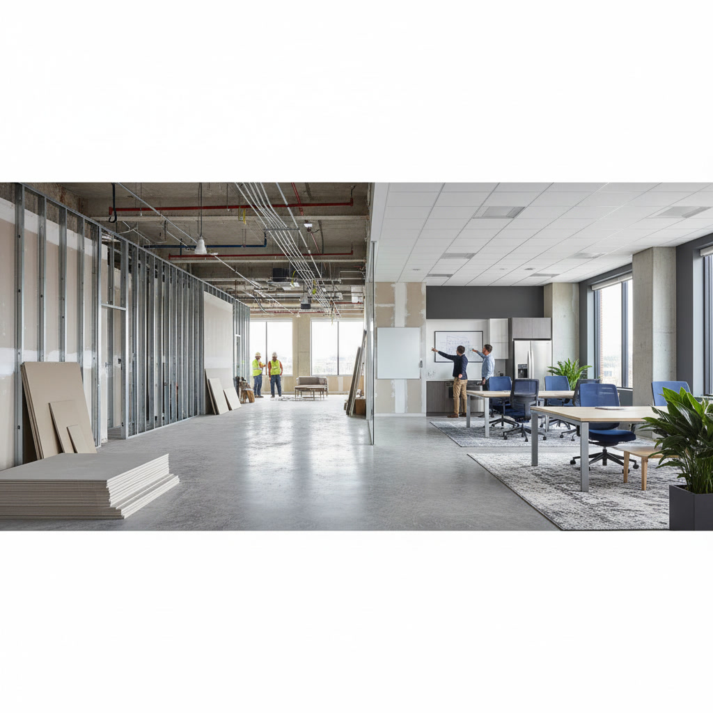 Interior commercial space with finished drywall and flooring installation in progress