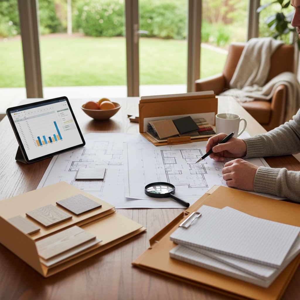 Homeowner comparing multiple contractor bids and estimates