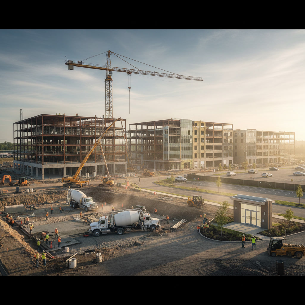 Commercial construction site showing building framework and construction progress