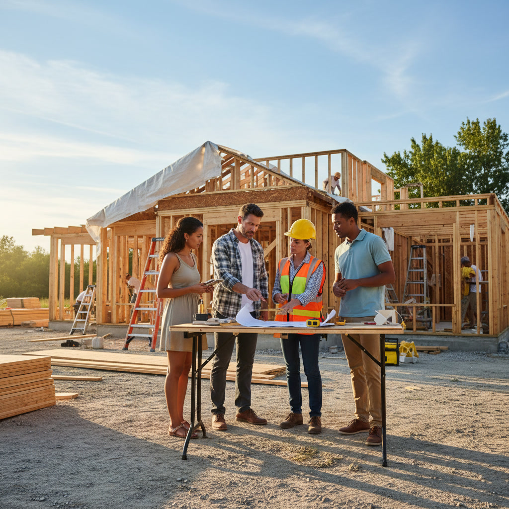 Professional contractor discussing remodeling plans with homeowners in modern living room