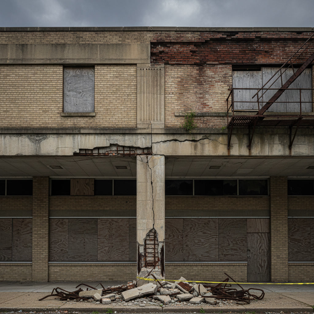 Commercial building exterior showing structural assessment and repair needs