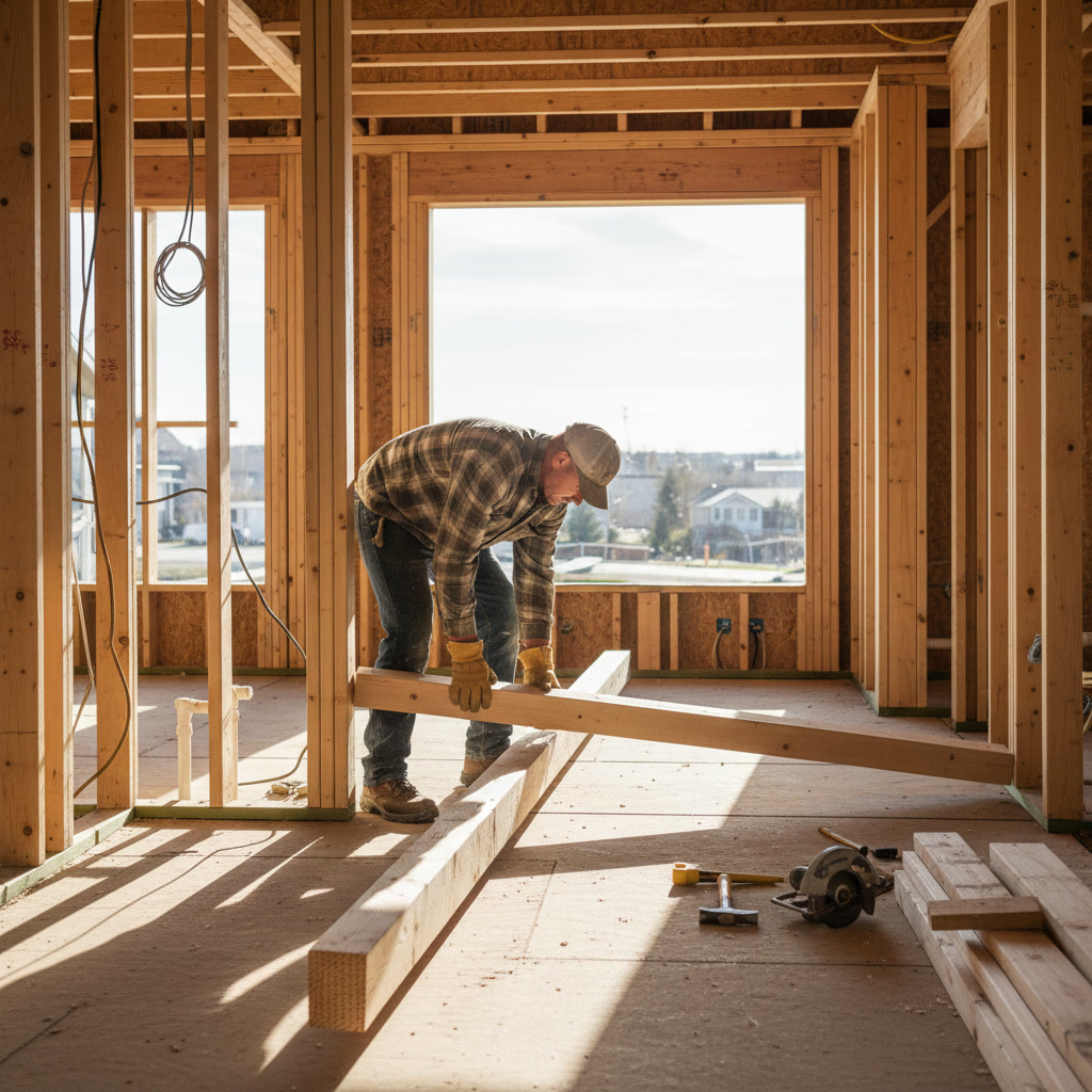 Carpenter installing floor joists in new home construction Phoenix