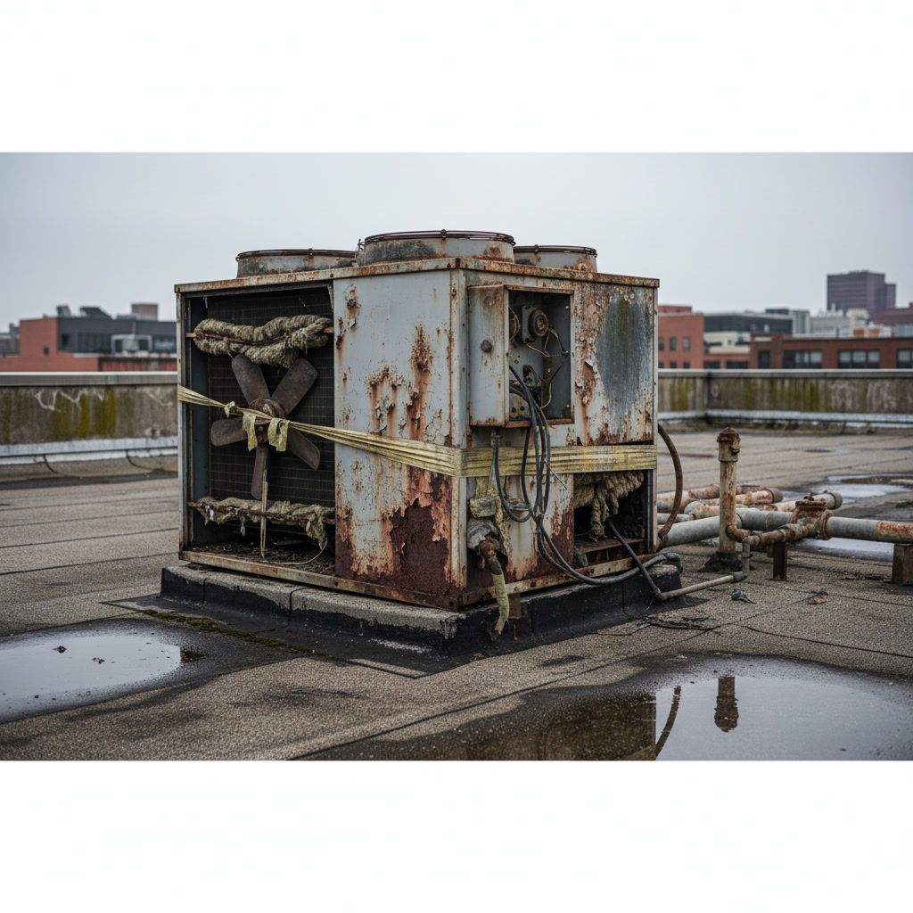 Aged commercial HVAC unit showing visible rust and deterioration