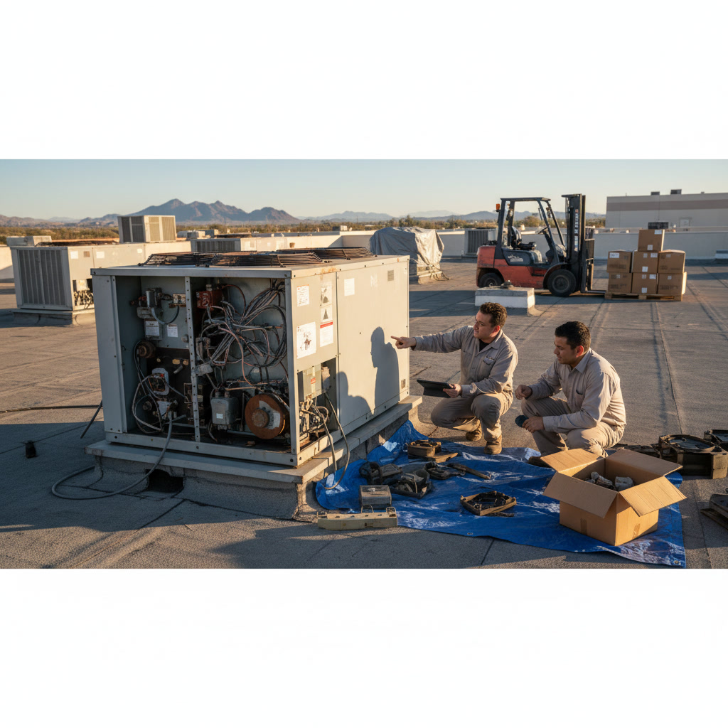 Commercial building contractor examining HVAC ductwork during renovation