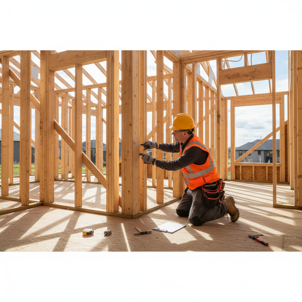 Home addition framing inspection with exposed studs and roof trusses