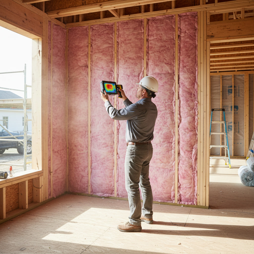 Building inspector checking insulation and energy compliance in home addition