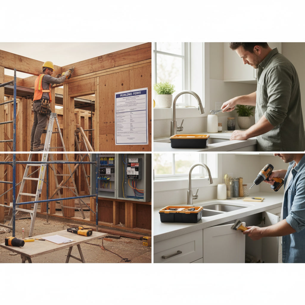 Licensed contractor reviewing home repair permits and building codes