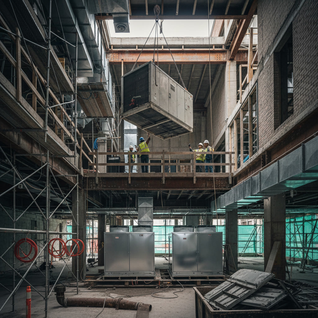 Commercial building HVAC system being inspected during renovation project