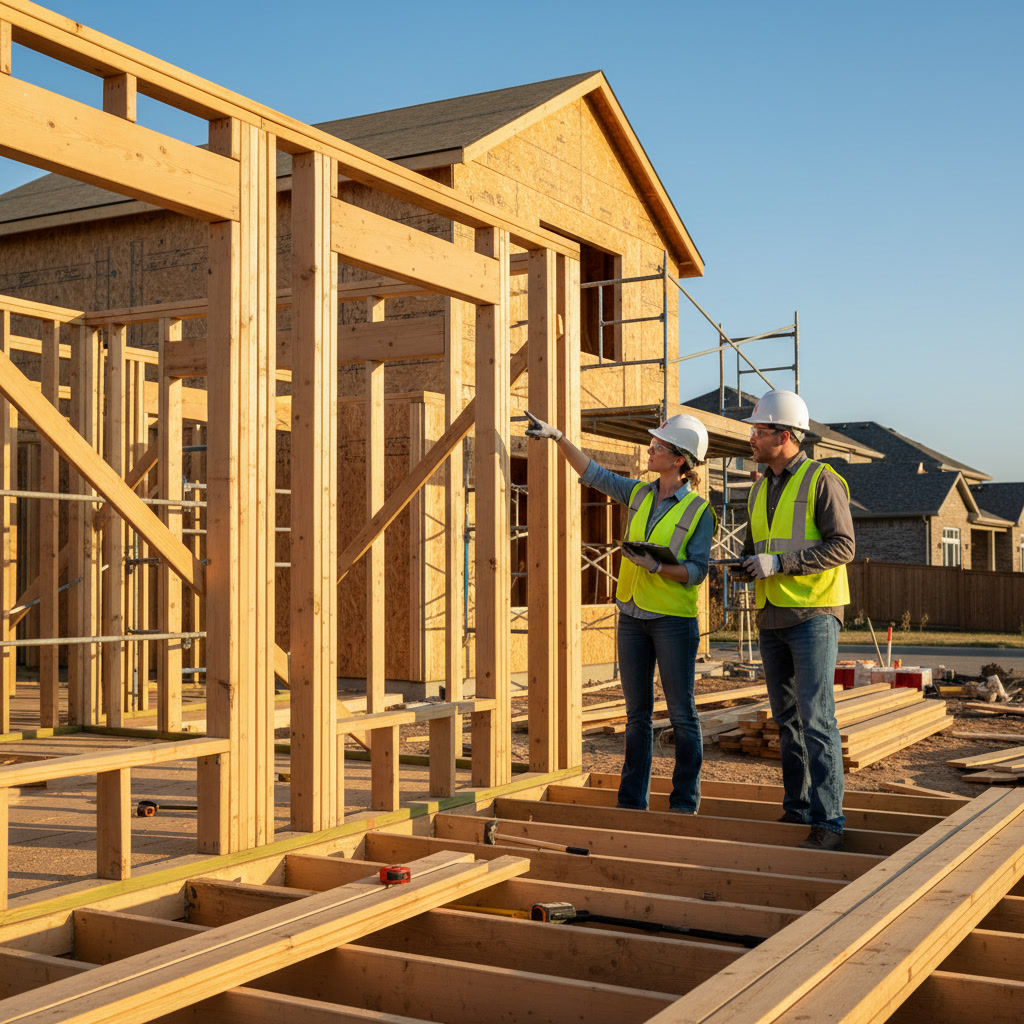 Building inspector reviewing home addition framing and construction progress