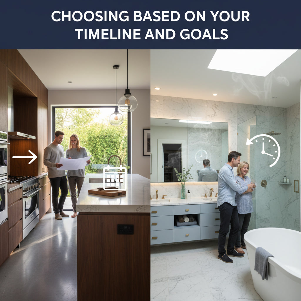 Contractor planning kitchen versus bathroom remodel with homeowner