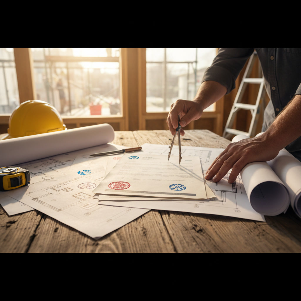 Building inspector reviewing construction plans with contractor at residential remodeling site