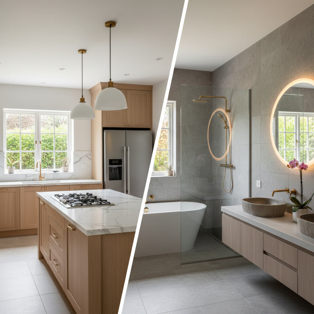 Kitchen and bathroom remodel comparison showing updated spaces in Phoenix home